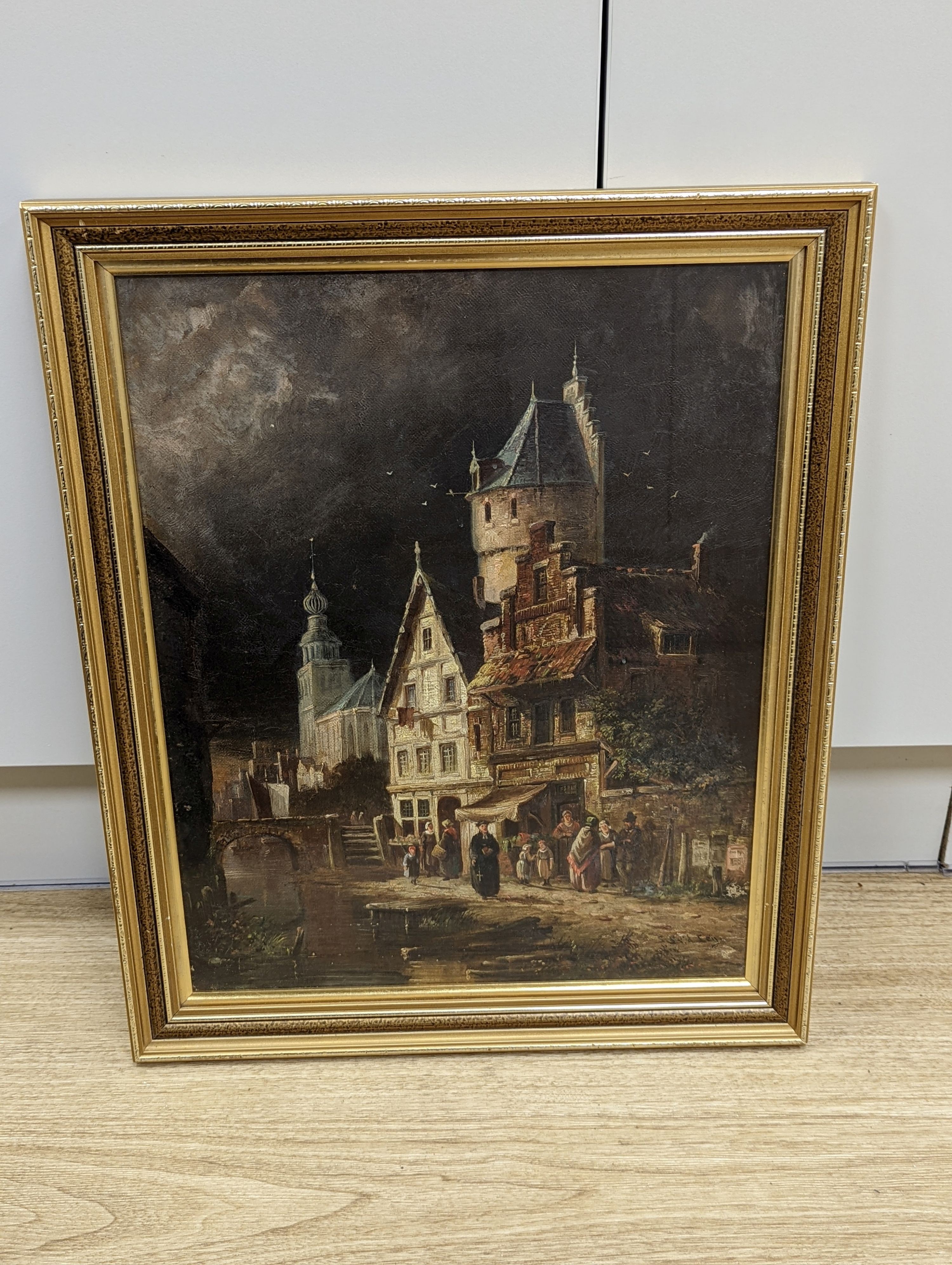 S.F.D. Ley, oil on canvas board, Flemish street scene, signed, 41 x 32cm